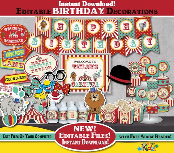 Editable Vintage Circus Birthday Decorations Printable Etsy