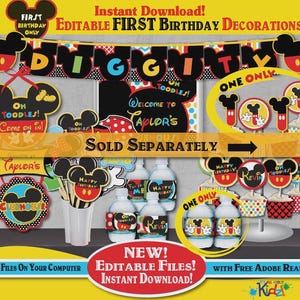 Peut inclure: Ensemble de d&eacute;corations de premier anniversaire modifiables sur le th&egrave;me de Mickey Mouse. Comprend des banni&egrave;res, des d&eacute;corations de cupcakes, des &eacute;tiquettes de bouteilles d'eau et des accessoires de photomaton. Les couleurs sont rouge, jaune, noir et blanc.