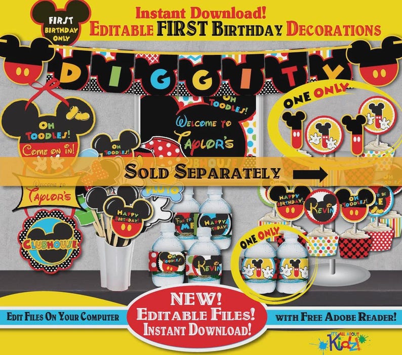 Peut inclure: Ensemble de d&eacute;corations de premier anniversaire modifiables sur le th&egrave;me de Mickey Mouse. Comprend des banni&egrave;res, des d&eacute;corations de cupcakes, des &eacute;tiquettes de bouteilles d'eau et des accessoires de photomaton. Les couleurs sont rouge, jaune, noir et blanc.