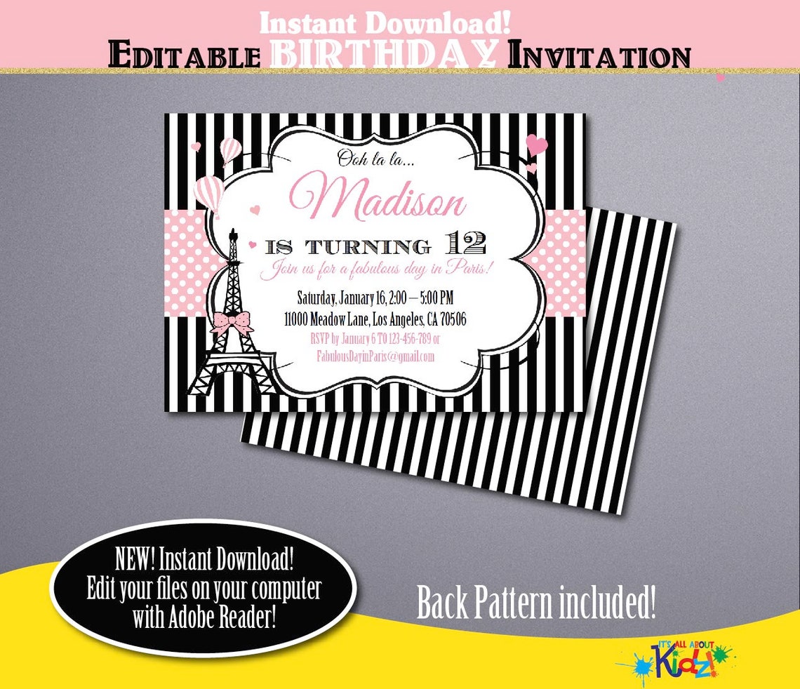 Editable Paris Birthday Invitation-Pink Printable Paris Party | Etsy