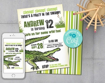 Alligator Birthday Invitation-Self Edit w Corjl- Alligator Party Invitation-Swamp Birthday-Swamp party-First Birthday Party-Any Age-B205-ct