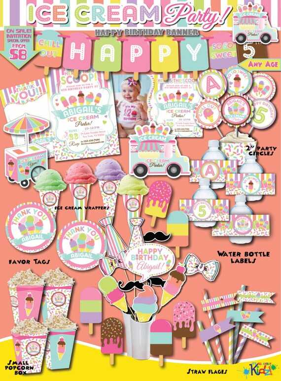 Ice Cream Birthday Party Package Printable Ice Cream Party Etsy