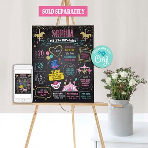 May include: A black chalkboard sign with gold glitter accents, featuring a circus theme. It says "Sophia My 1st Birthday" and lists details about the child, including age, height, weight, favorite foods, songs, books, and toys. The sign is personalized with the name "Corjl".