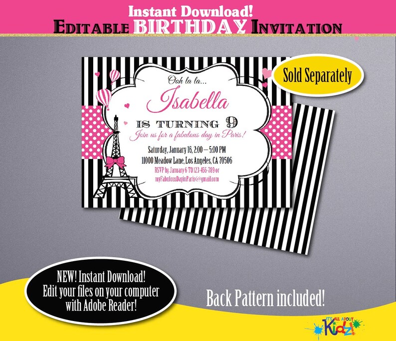 Editable Paris Birthday Invitation-pink Printable Paris Party | Etsy