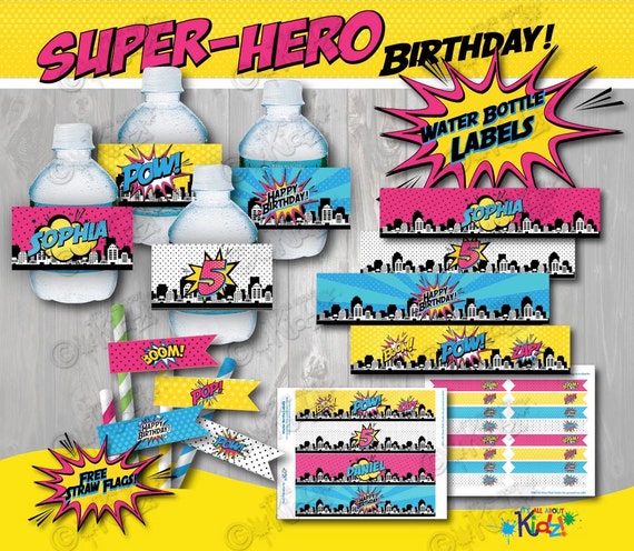 Girl Superhero Party Water Bottle Label Free Straw Etsy