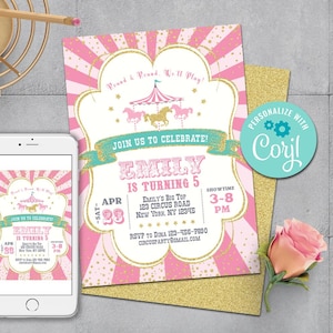 May include: Pink and gold printable birthday invitation with a circus theme. The invitation features a carousel with horses and a tent. The text reads "Join us to celebrate! Emily is turning 5".