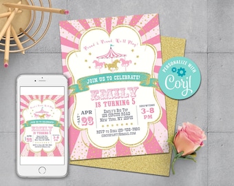 Carousel Birthday Invitation-Self Edit w Corjl-Pink Gold Carnival Birthday Ticket-Carnival Party-Circus First Birthday-Any Age-A106-Cti