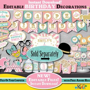 May include: Editable printable carnival birthday party decorations in pink, gold, and teal. The set includes a welcome sign, banners, cupcake toppers, and photo booth props. The text on the welcome sign says "Welcome to Emily's".