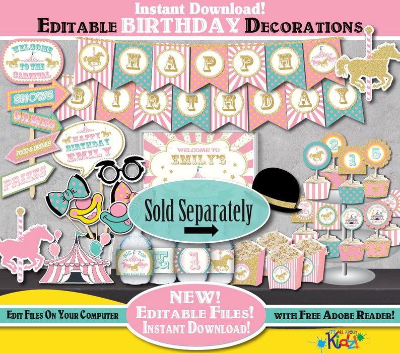 May include: Editable printable carnival birthday party decorations in pink, gold, and teal. The set includes a welcome sign, banners, cupcake toppers, and photo booth props. The text on the welcome sign says "Welcome to Emily's".