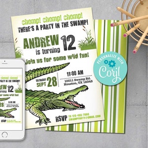 May include: A green and white alligator birthday party invitation with the text "chomp! chomp! chomp! There's a party in the swamp! Andrew 12 is turning. Join us for some wild fun!"  The invitation includes the date "Saturday Sept 28" and the time "11:00 AM". The address is "10011 Swamp Rd. Houston, TX 12345". The RSVP information is "To 123-456-7890 SwampParty@gmail.com".