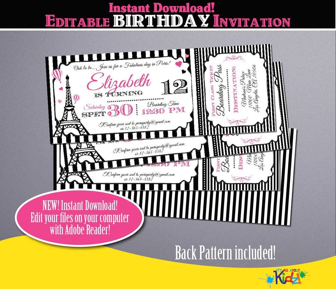 Editable Paris Birthday Invitation-pink Printable Paris Party ...