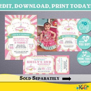May include: Pink and gold printable invitation with a circus theme. The invitation features a carousel with horses and a tent. The text on the invitation reads "Join us to celebrate! Emily is turning 5".