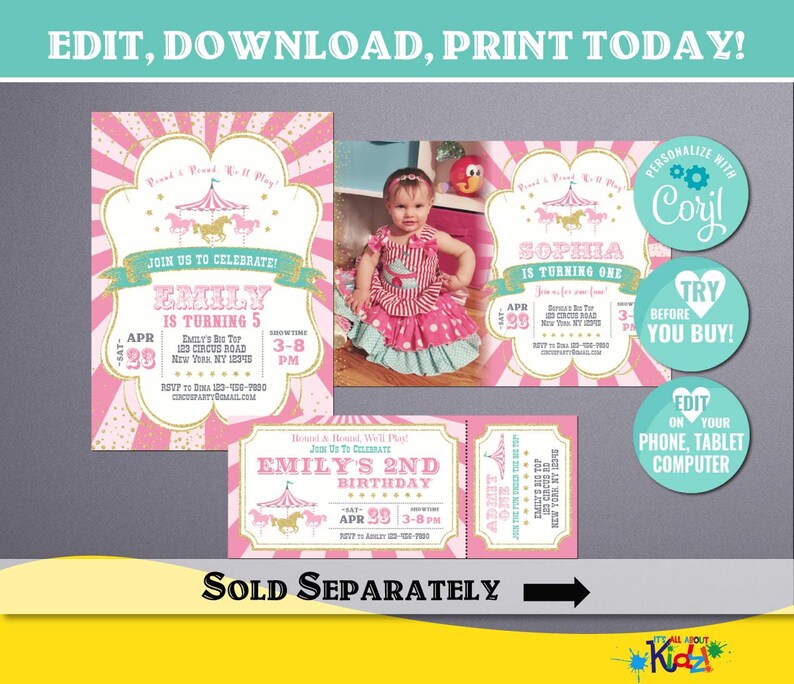 May include: Pink and gold printable invitation with a circus theme. The invitation features a carousel with horses and a tent. The text on the invitation reads "Join us to celebrate! Emily is turning 5".