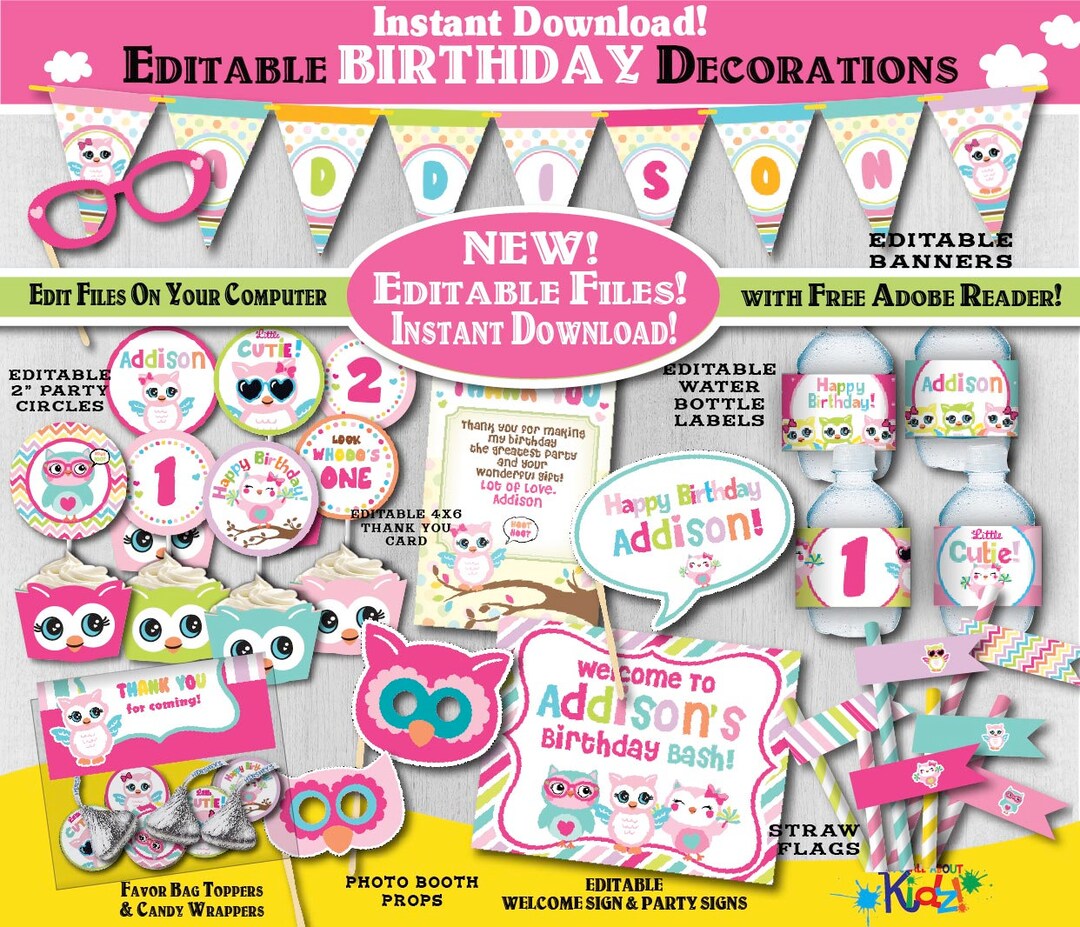 Editable Owl Birthday Decorations-self-edit Printable Owl - Etsy