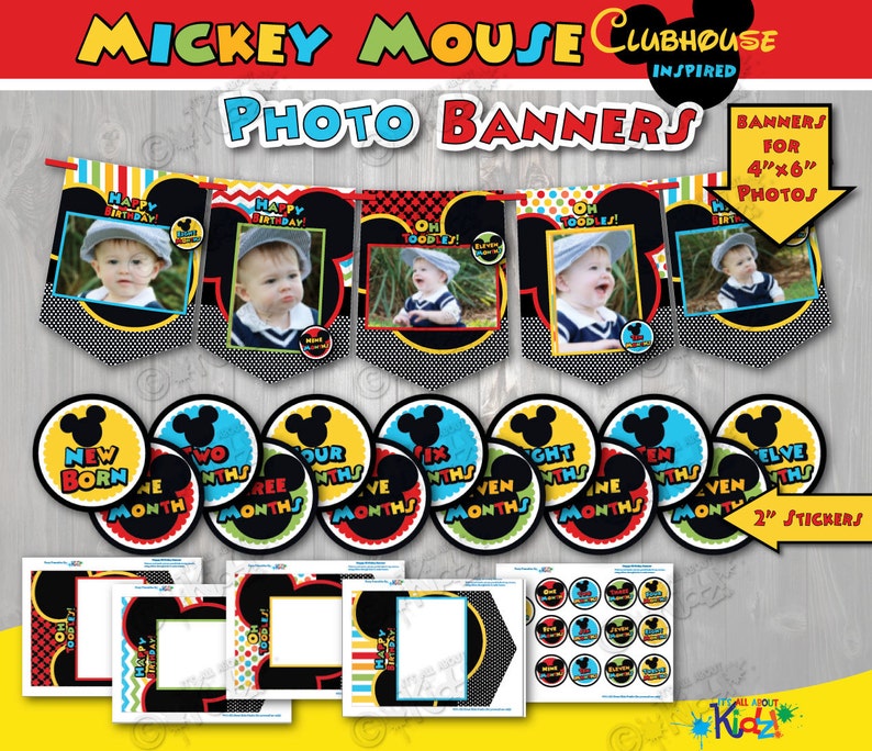 May include: Mickey Mouse Clubhouse inspired photo banner set with black, yellow, red, and blue Mickey Mouse ears and polka dots. The banner includes 4x6 inch photo frames with the text "Happy Birthday", "Oh Toodles", and "New Born". The set also includes 2 inch round stickers with Mickey Mouse ears and the text "New Born", "One Month", "Two Months", "Three Months", "Four Months", "Five Months", "Six Months", "Seven Months", "Eight Months", "Nine Months", "Ten Months", "Eleven Months", and "Twelve Months".