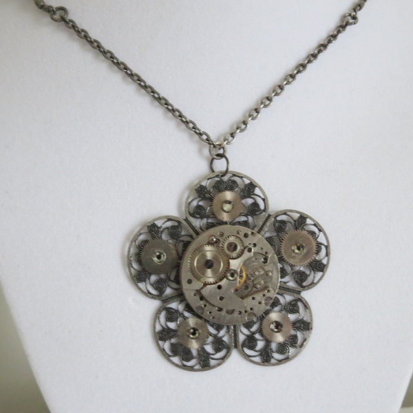 Steampunk Jewelry -Vintage Flower and Watch Movement Necklace with A LONG Chain