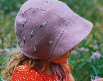 Linen Baby Bonnet with Floral Pattern and Visor