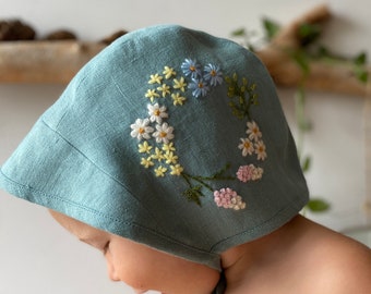 Handmade Floral Linen Baby Bonnet with Visor