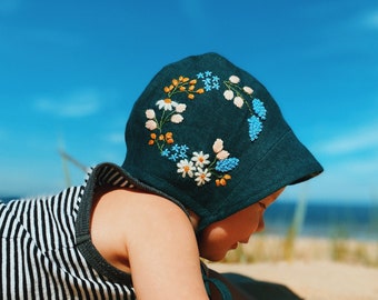 Exquisite Hand Embroidered Linen Baby Bonnet with Botanical Design