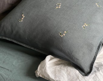 Linen pillowcase with hand embroidery; Embroidered pillow cover;