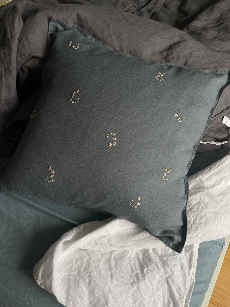 Linen pillowcase with hand embroidery Embroidered pillow cover image 3