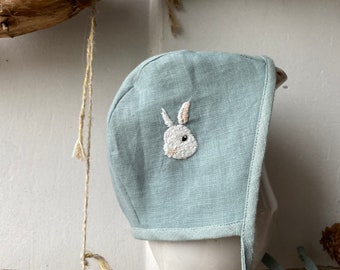 Soft and Breathable Linen Baby Bonnet with Hand Embroidered Pattern