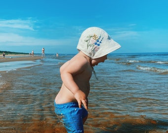 Unique Hand Embroidered Linen Baby Bonnet with Breathable Visor