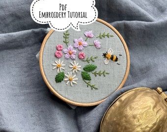 Botanical Embroidery Pattern with Bee - Instant PDF Download