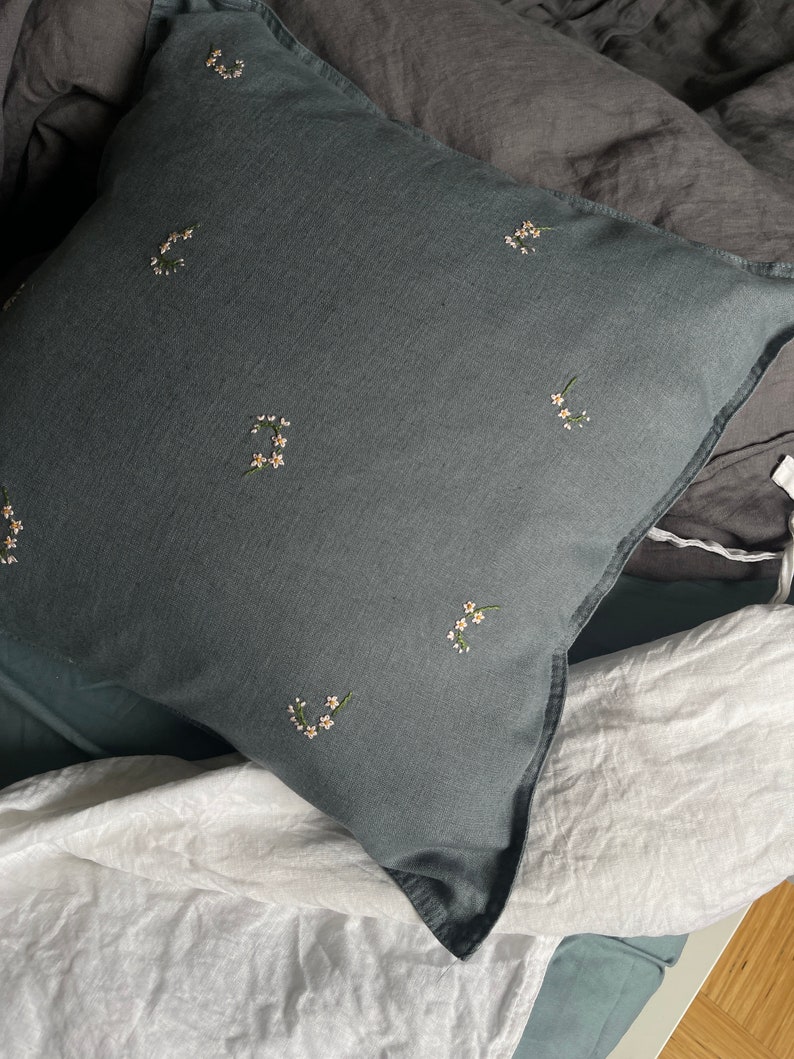 Linen pillowcase with hand embroidery Embroidered pillow cover image 5