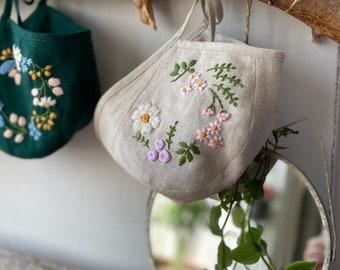 Beautiful Hand Embroidered Baby Bonnet with Linen and Botanical Design