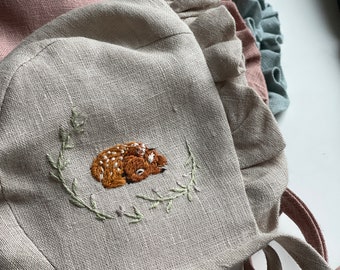 Handmade Linen Baby Bonnet with Ruffle & Fawn Embroidery