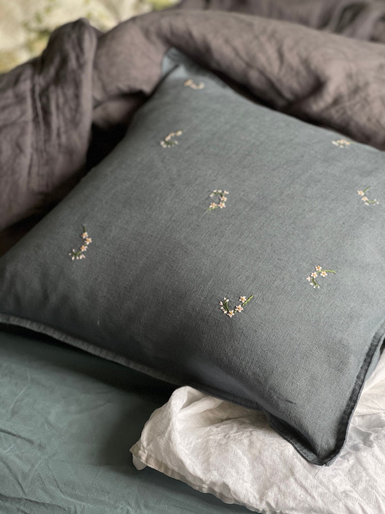 Linen pillowcase with hand embroidery Embroidered pillow cover image 1