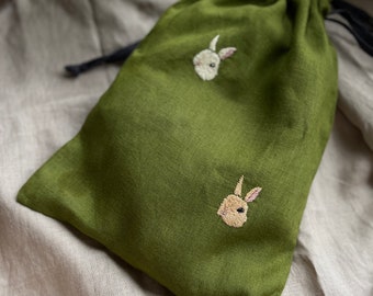 Green linen pouch with rabbit embroidery; Hand embroidery; Embroidered pouch; picnic pouch; hand embroidered.