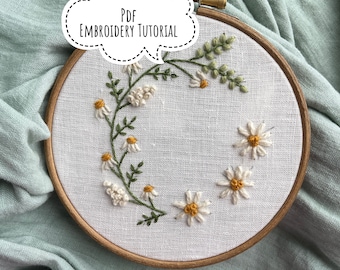 DIY Romantic Chamomile Wreath Embroidery Pattern - Ideal for Beginners - Instant PDF Download