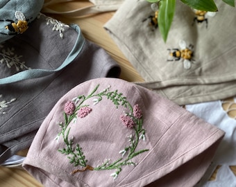 Linen Baby Bonnet with Floral Pattern and Visor