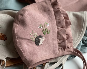 Handmade Linen Baby Bonnet with Ruffle & Hedgehog Embroidery