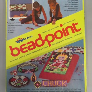 May include: Vintage "Bead-Point" craft kit box. The box is yellow and blue, featuring images of children crafting with beads. The kit includes beads, a picture frame, rings, and more. The text on the box says "creative fun for children and adults, too!"
