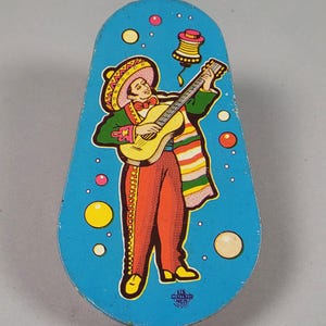 Vintage US Metal Toy Tin Litho Winding Noisemaker Mariachi Player Made in USA