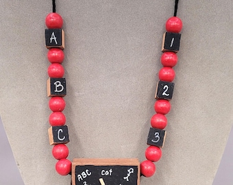 Vintage Chalkboard and Blocks Wooden Teacher Necklace ABC 123