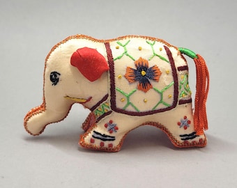 Vintage Chinese Silk Embroidered Elephant Figurine Cream with Red