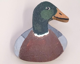 Vintage Hand Cut and Painted Wooden Mallard Duck Drake Pin Brooch