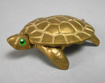 Vintage Brass Turtle with Green Eyes Trinket Box or Ashtray