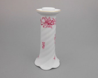 Frieberger Porzellan Tall Porcelain Candleholder with Dainty Pink Ribbon and Flower Design made in Germany