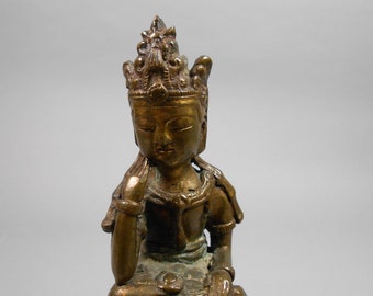 Vintage Korean Bronze Buddha Statue on Red Wood Base