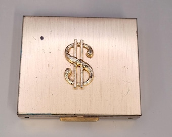 Vintage Gold Tone Metal Dollar Sign Petty Cash Money Box Compact