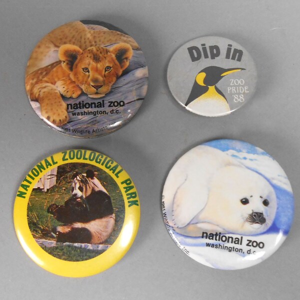 Vintage Smithsonian National Zoo Washington DC Pin Badge Pin Back Buttons Set of 4 Panda Penguin Lion Cub Seal