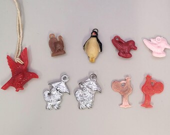 Vintage Bird Charms Lot of 9 Plastic Gumball Prizes Chickens Ducks, Eagle