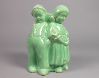 Cameron Clay Company Dutch Boy and Girl Celedon Green Planter or Vase