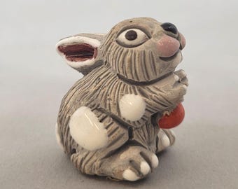 Vintage Leps Peru Carved Clay Rabbit with Apple Miniature Figurine