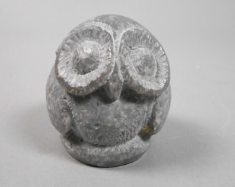 Carved Grey Stone Owl Round Paperweight Heavy Figurine